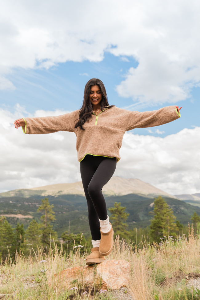 My Go To Taupe and Lime Sherpa Quarter Zip Hooded Pullover