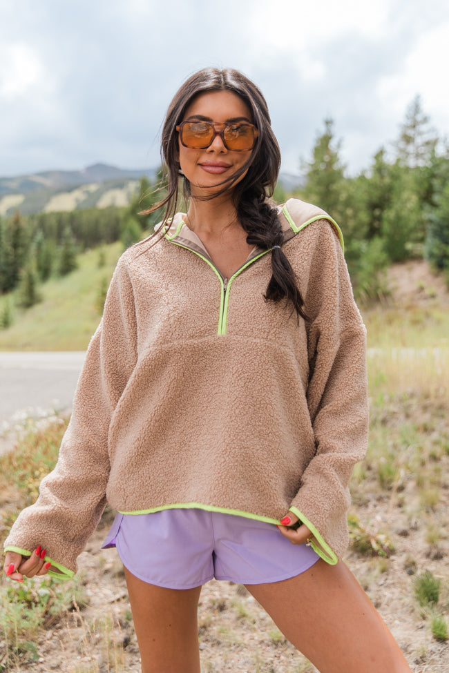 My Go To Taupe and Lime Sherpa Quarter Zip Hooded Pullover