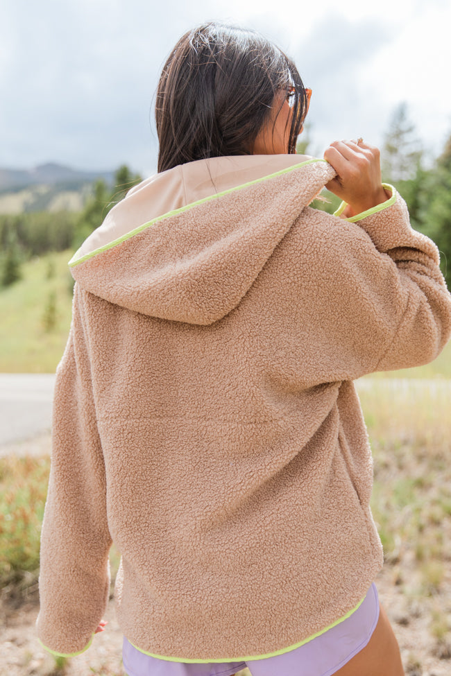 My Go To Taupe and Lime Sherpa Quarter Zip Hooded Pullover