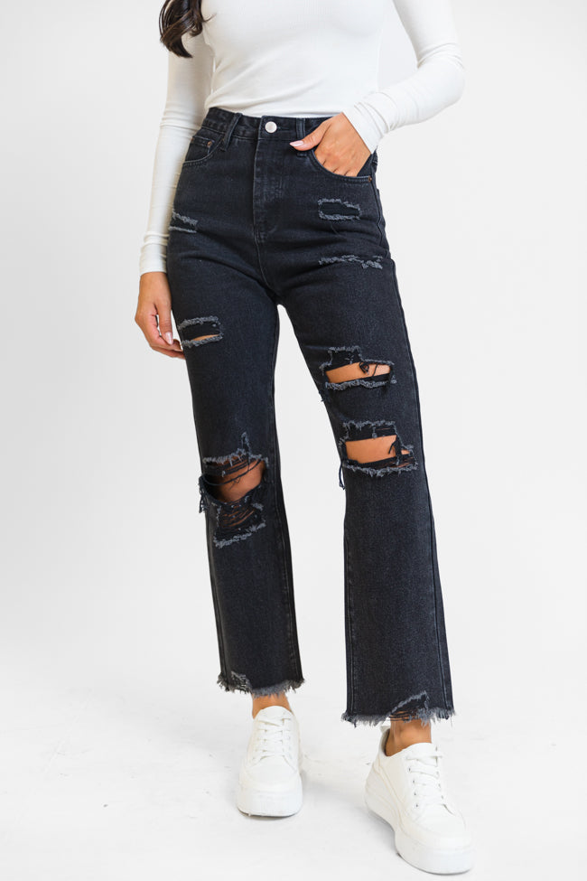 Megan Black Wash Distressed Straight Leg Mom Jeans