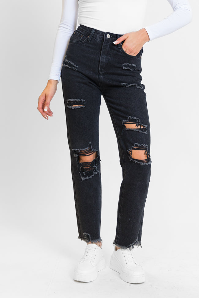 Megan Black Wash Distressed Straight Leg Mom Jeans