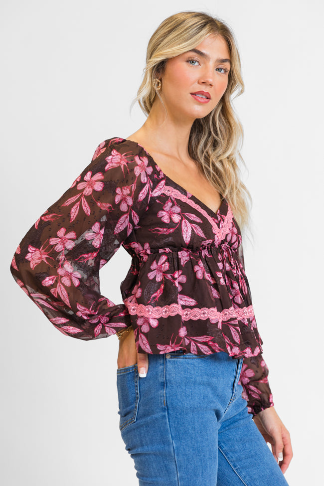 In My Dreams Brown and Pink Lace Trim Floral Blouse