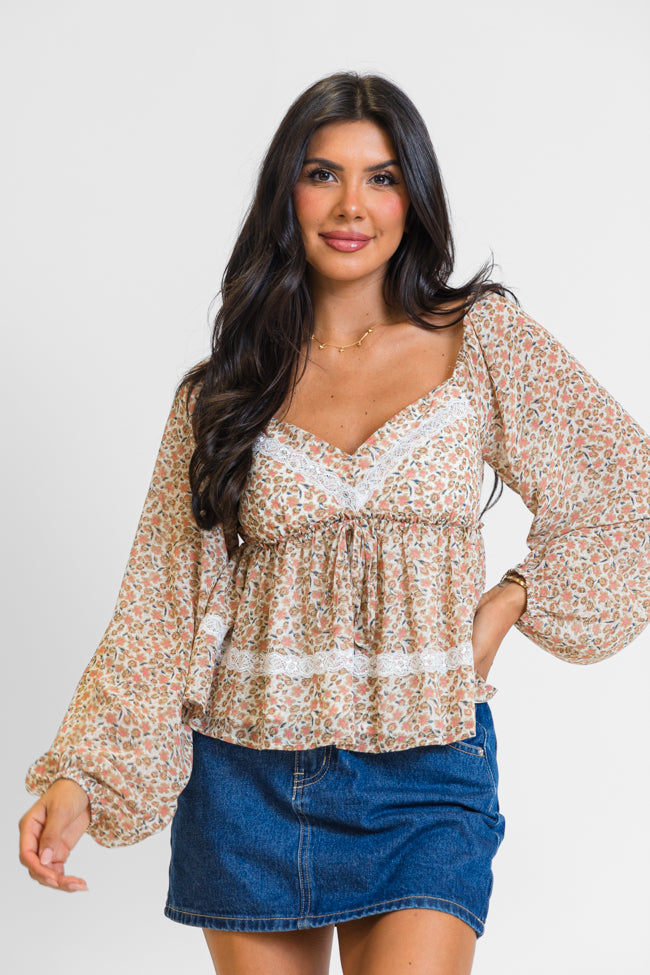 In My Dreams Ivory and Brown Lace Trim Floral Blouse