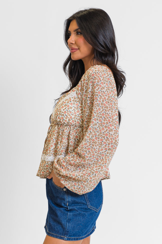 In My Dreams Ivory and Brown Lace Trim Floral Blouse