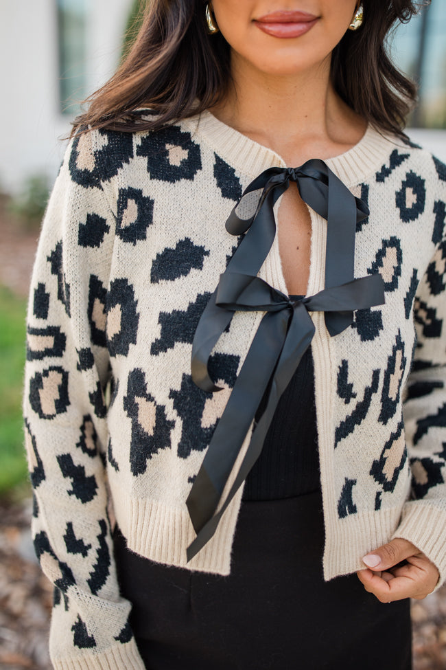 Pull It Together Beige and Black Tie Front Leopard Cardigan