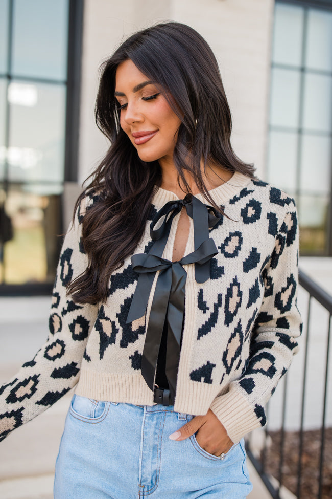 Pull It Together Beige and Black Tie Front Leopard Cardigan