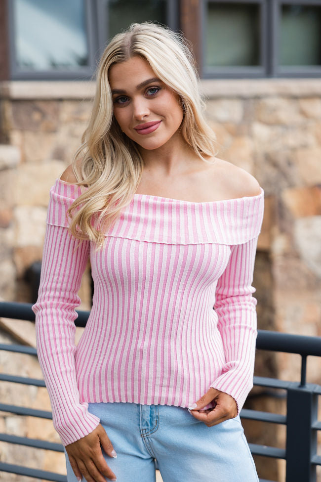 For What It Takes Pale Pink Ribbed Off The Shoulder Sweater