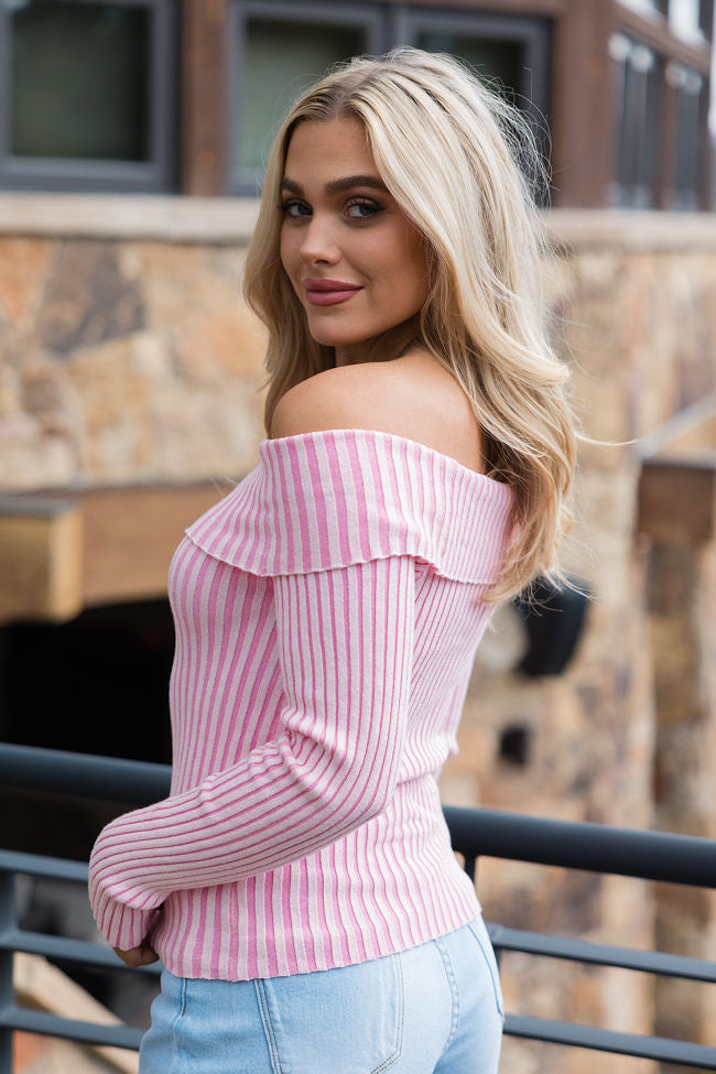 For What It Takes Pale Pink Ribbed Off The Shoulder Sweater