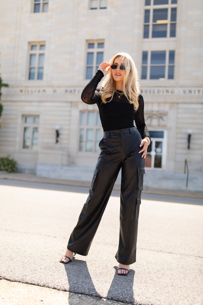 Follow My Lead Black Faux Leather Cargo Pants