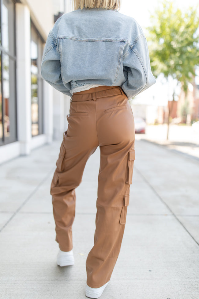 Follow My Lead Camel Faux Leather Cargo Pants