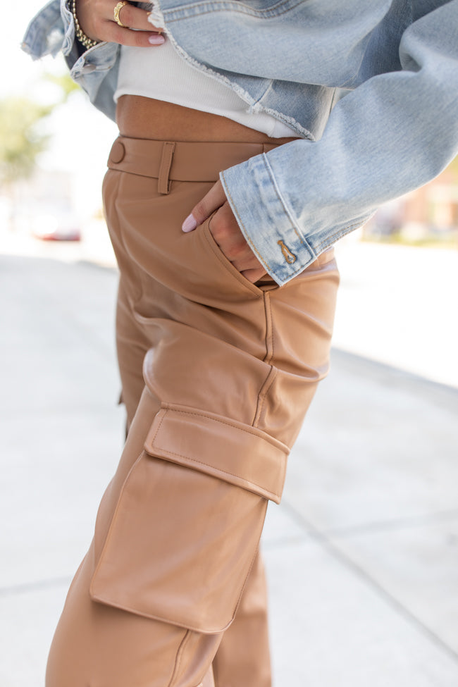 Follow My Lead Camel Faux Leather Cargo Pants