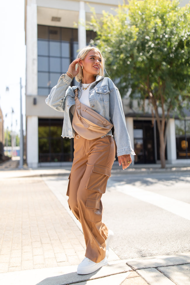 Follow My Lead Camel Faux Leather Cargo Pants