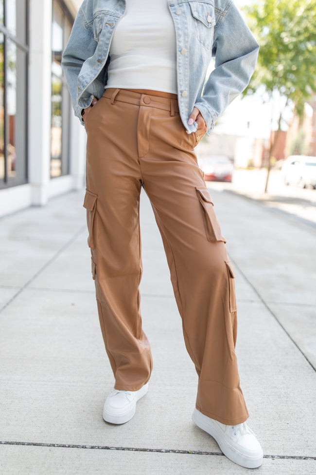 Follow My Lead Camel Faux Leather Cargo Pants