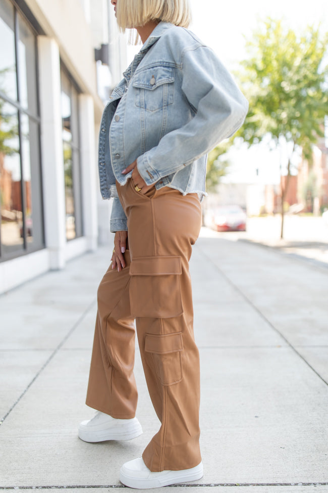 Follow My Lead Camel Faux Leather Cargo Pants