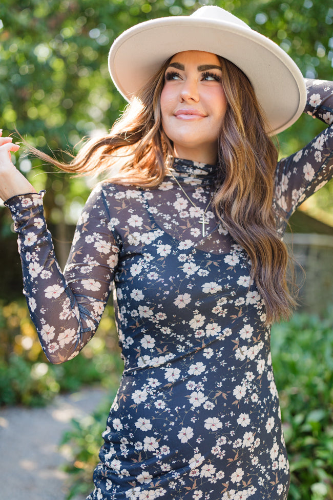 Gardens of Gibraltar Black Floral Mock Neck Midi Dress Amber Massey X Pink Lily