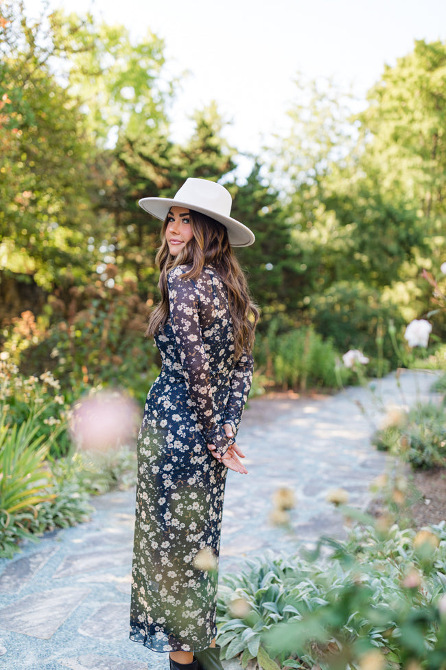 Gardens of Gibraltar Black Floral Mock Neck Midi Dress Amber Massey X Pink Lily