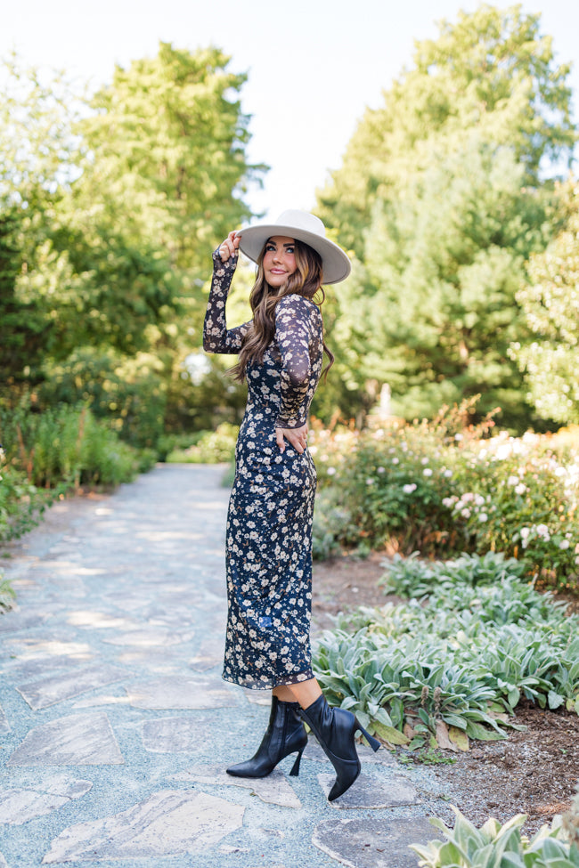 Gardens of Gibraltar Black Floral Mock Neck Midi Dress Amber Massey X Pink Lily