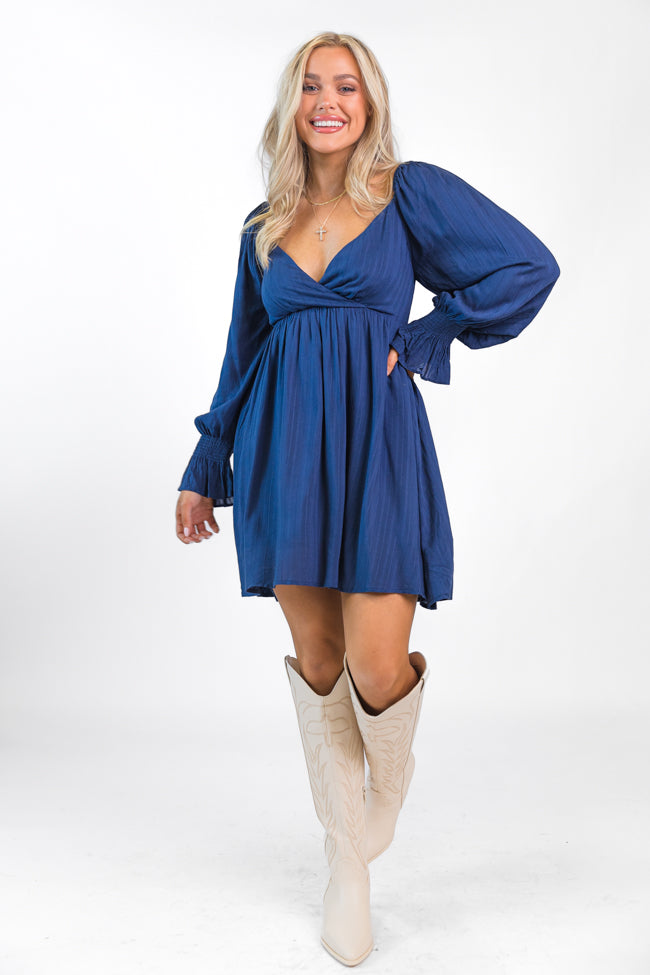 Just You Wait Navy Surplice Neckline Mini Dress