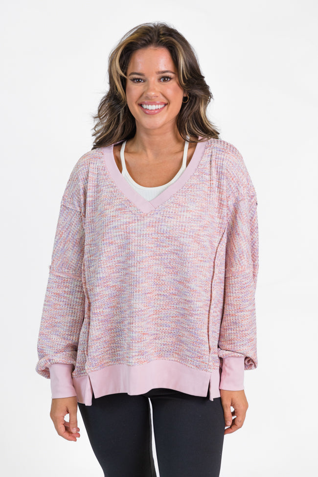 New To You Pink Oversized Multi Color Waffle Top