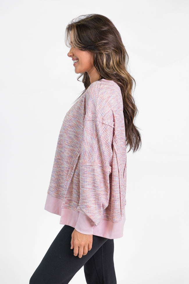 New To You Pink Oversized Multi Color Waffle Top