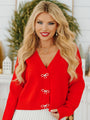 What A Sleigh Red Bow Embellished Button Cardigan Macy Blackwell X Pink Lily