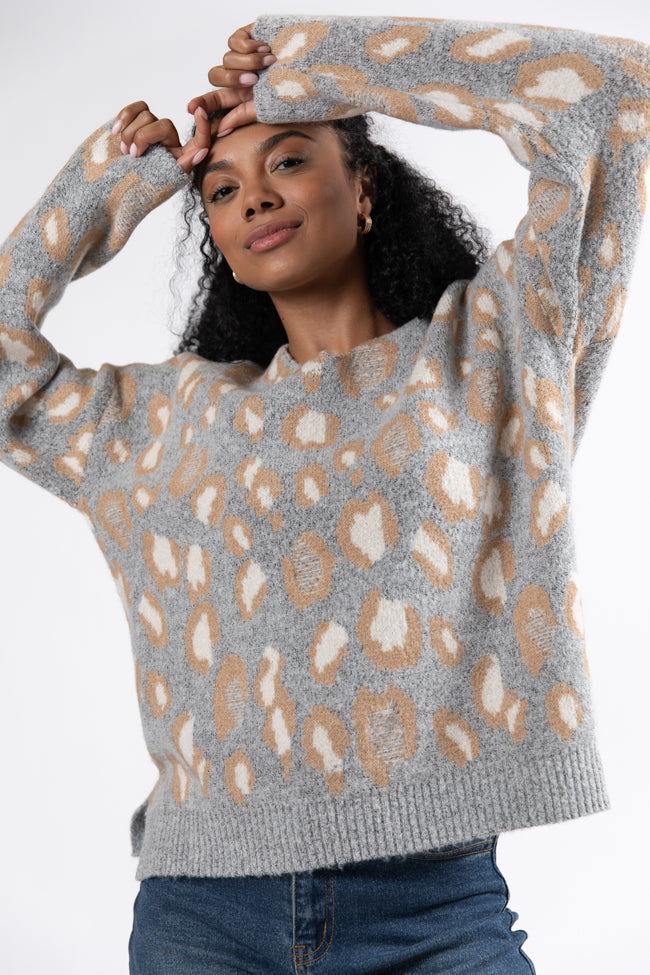 Reach Out Grey Leopard V-neck Sweater DOORBUSTER