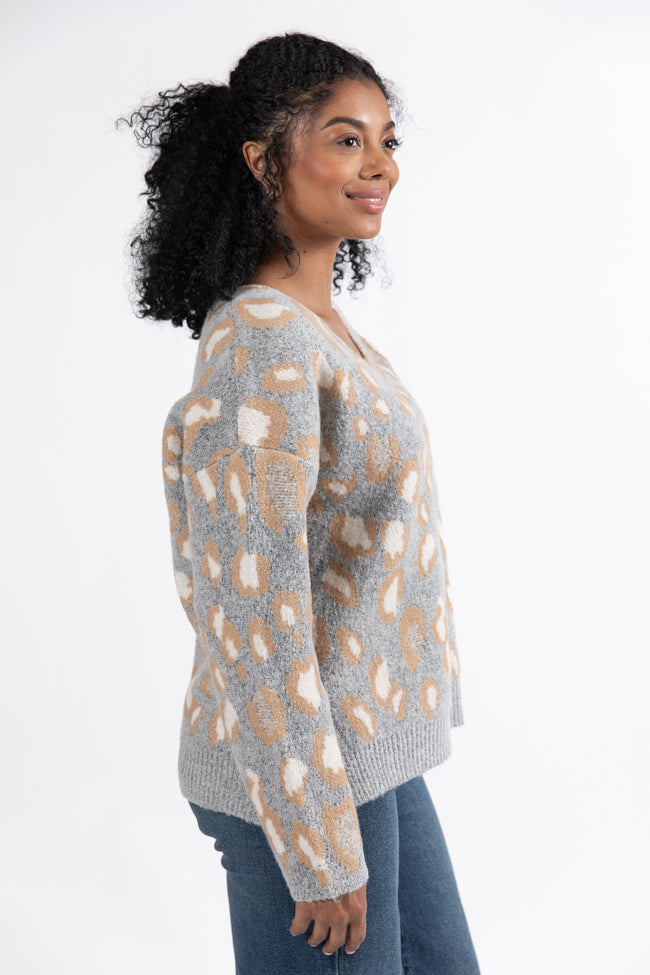 Reach Out Grey Leopard V-neck Sweater DOORBUSTER