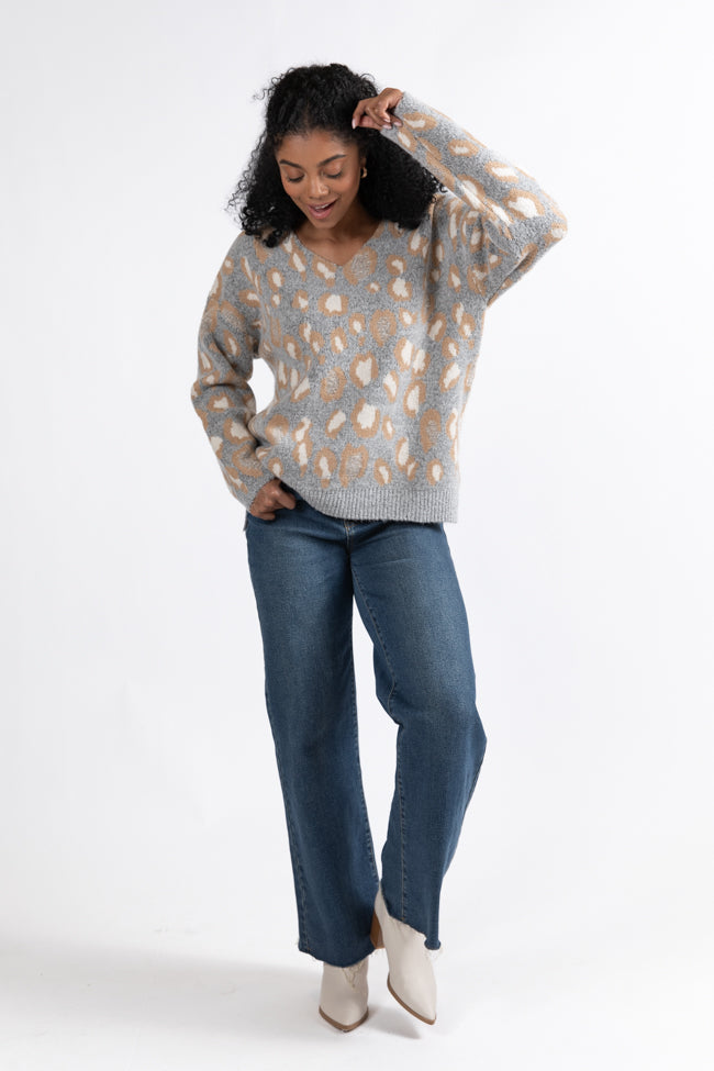 Reach Out Grey Leopard V-neck Sweater DOORBUSTER