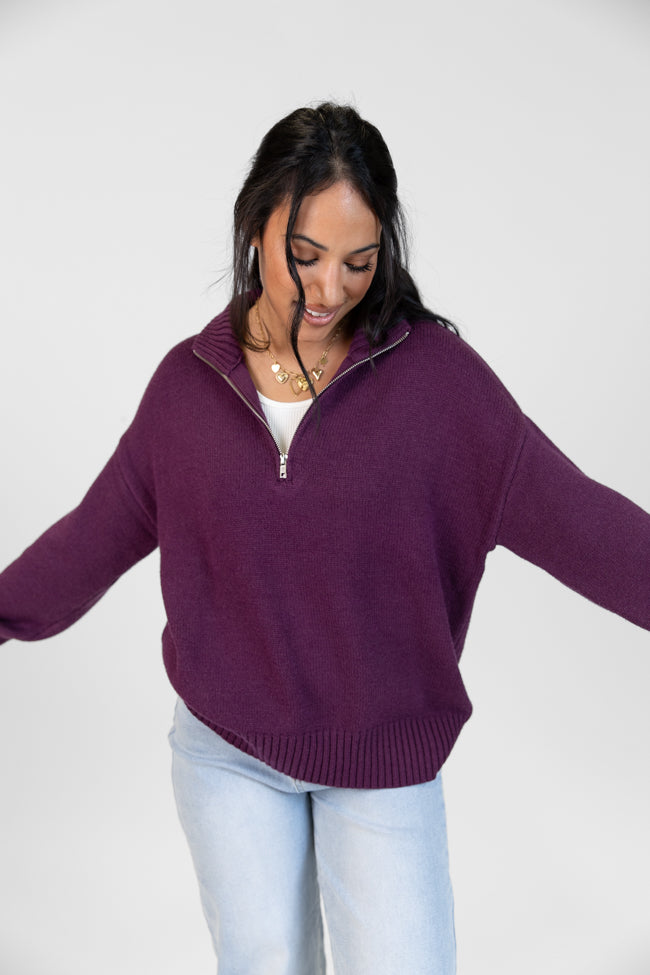 Roll With It Plum Solid Quarter Zip Sweater