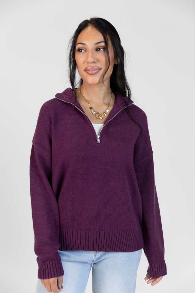 Roll With It Plum Solid Quarter Zip Sweater