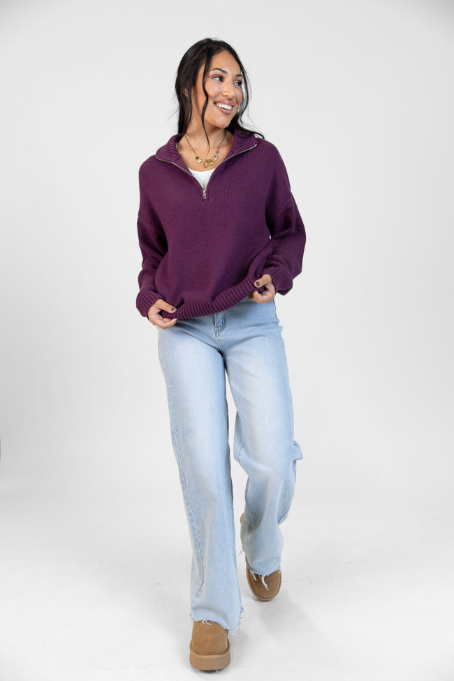 Roll With It Plum Solid Quarter Zip Sweater