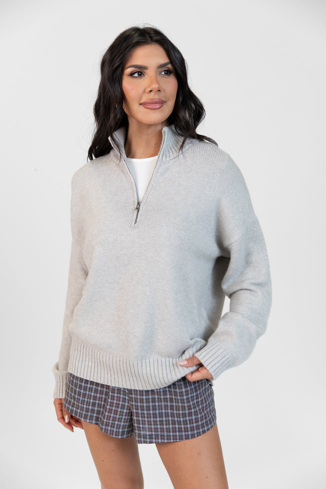 Roll With It Heather Grey Solid Quarter Zip Sweater DOORBUSTER