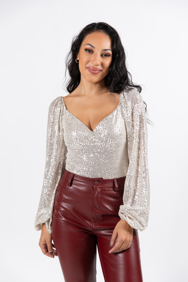 PRE-ORDER Holiday Toast Champagne Puff Sleeve Sequin Bodysuit Amber Massey X Pink Lily