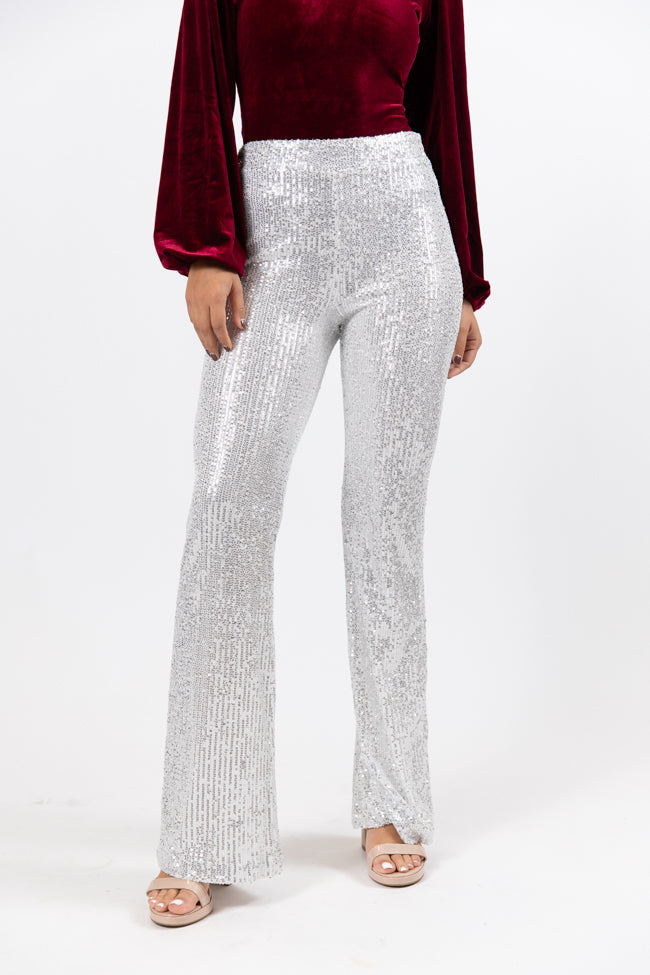 Queen of Quoin Silver Sequin Flare Pants Amber Massey X Pink Lily