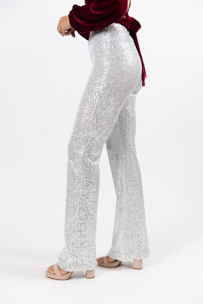 Queen of Quoin Silver Sequin Flare Pants Amber Massey X Pink Lily