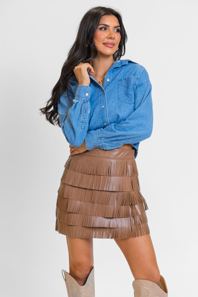 Follow Your Arrow Brown Faux Leather Fringe Skirt