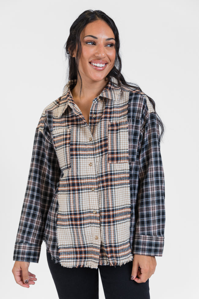 About Tomorrow Black Mixed Media Plaid Button Down Top