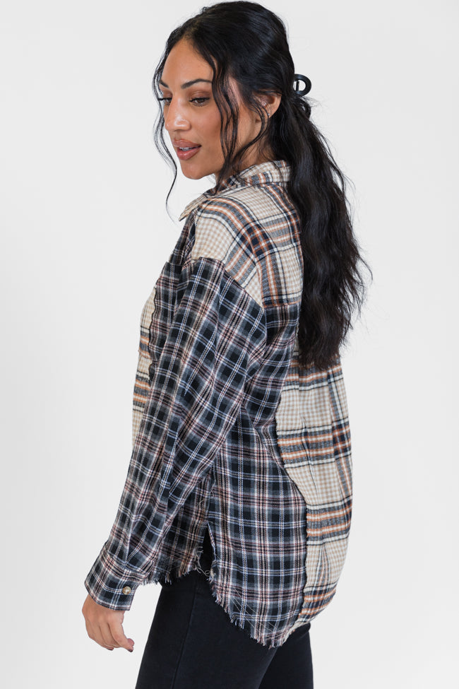 About Tomorrow Black Mixed Media Plaid Button Down Top