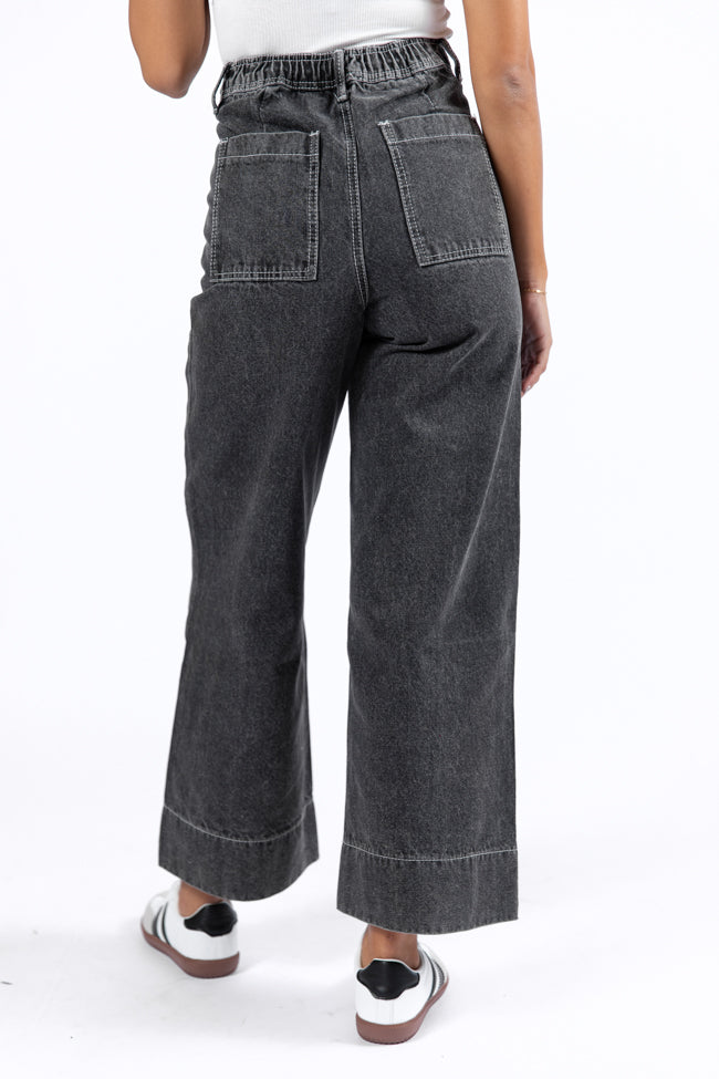 Estelle Black Acid Wash Wide Leg Front Seam Denim Pants