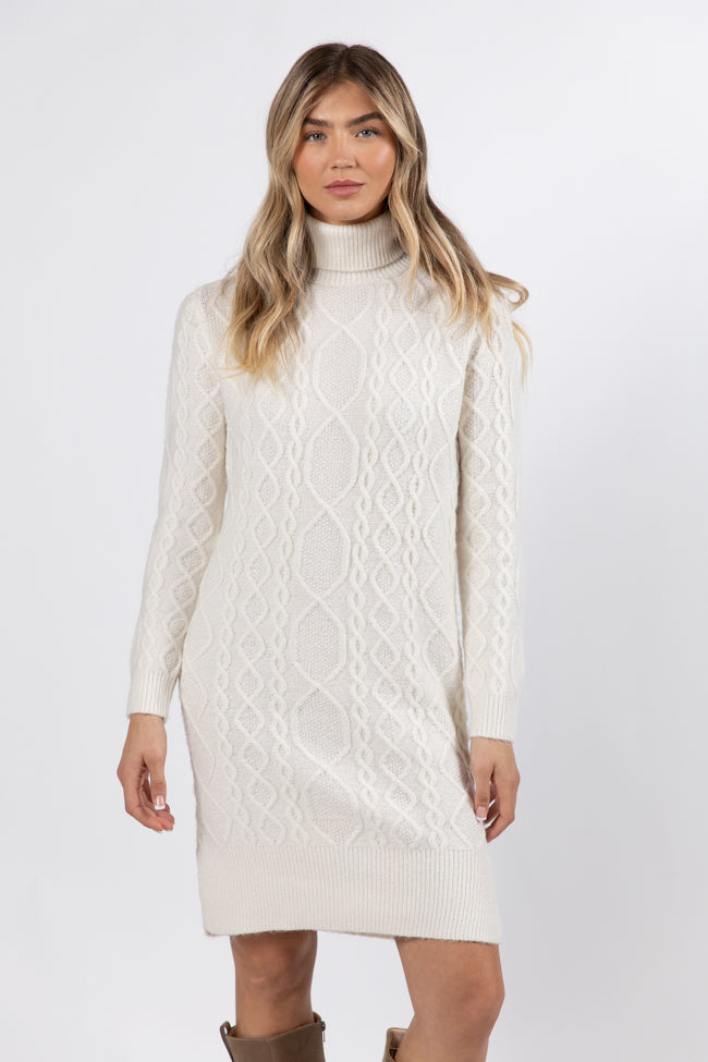 Let's Go Places Ivory Cable Knit Turtleneck Dress