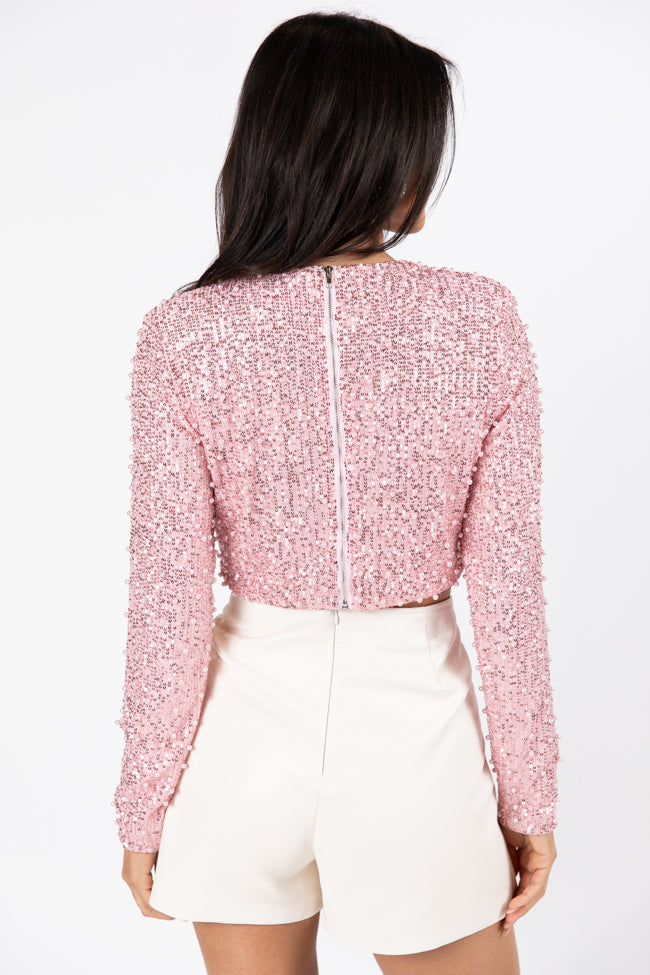 In Good Spirits Pink Pearl And Sequin Embellished Crop Blouse