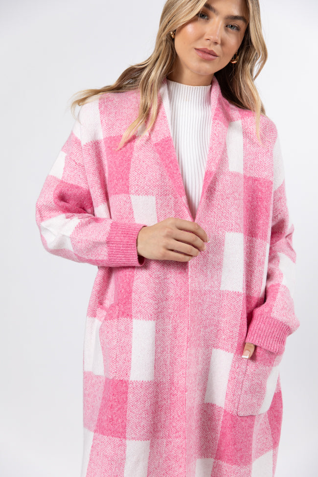 News To Me Pink Plaid Sweater Coat