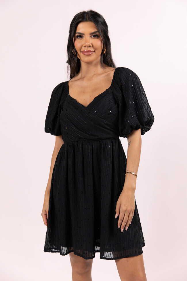 Get Figgy With It Black Textured Surplice Neckline Holiday Dress