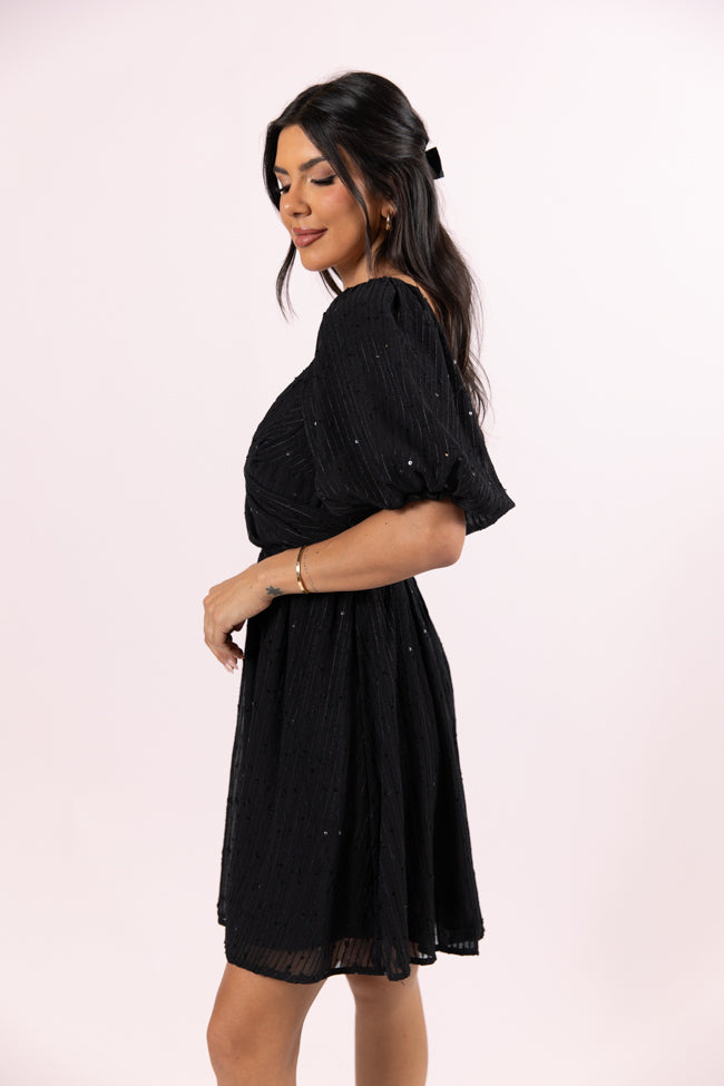 Get Figgy With It Black Textured Surplice Neckline Holiday Dress