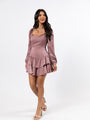 Frosted Cranberry Rose Satin Ruffle Mini Dress