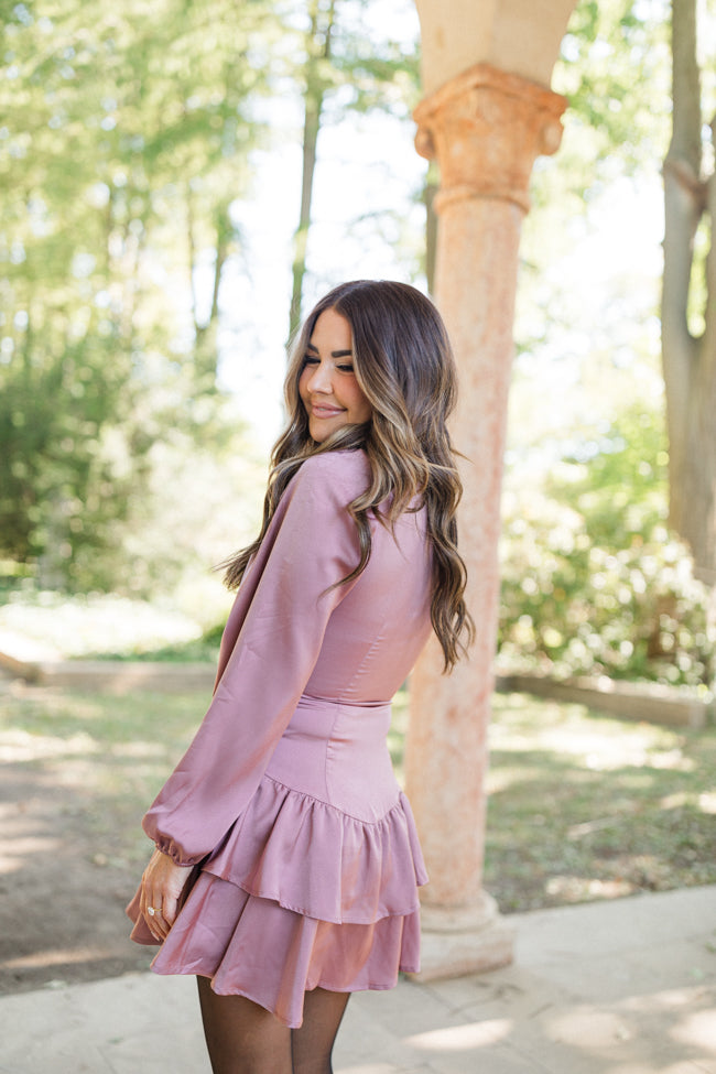 Frosted Cranberry Rose Satin Ruffle Mini Dress Amber Massey X Pink Lily