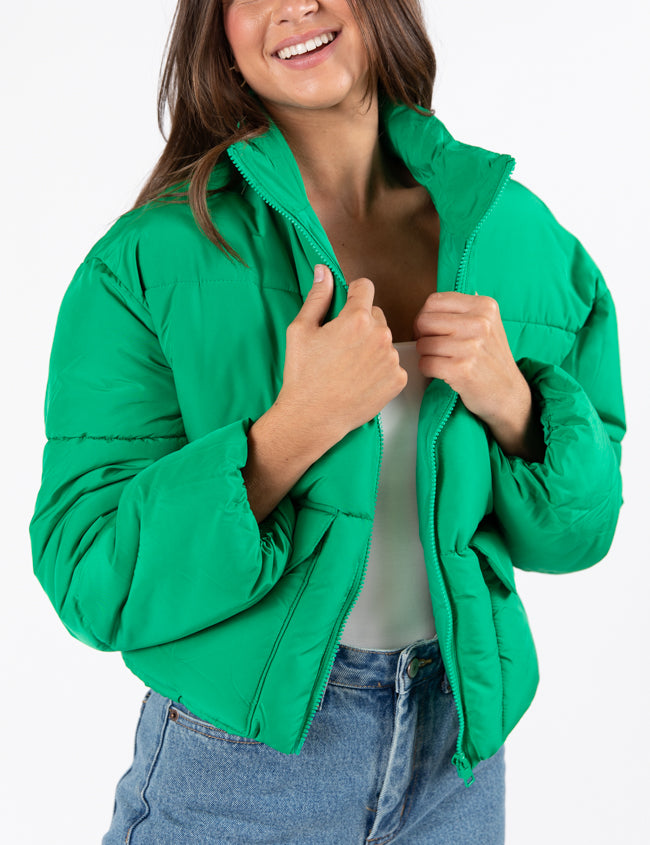 I Heard The Bells Green Front Pocket Puffer Jacket