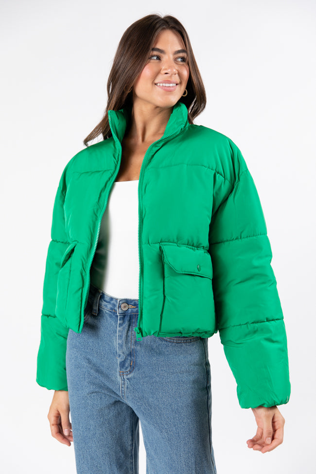 I Heard The Bells Green Front Pocket Puffer Jacket