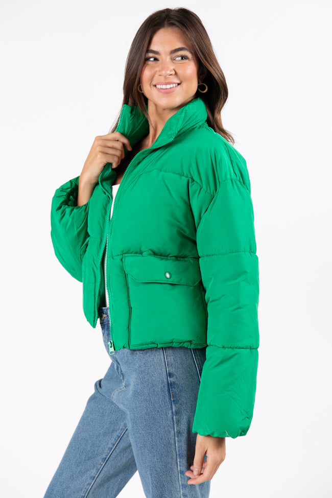 I Heard The Bells Green Front Pocket Puffer Jacket