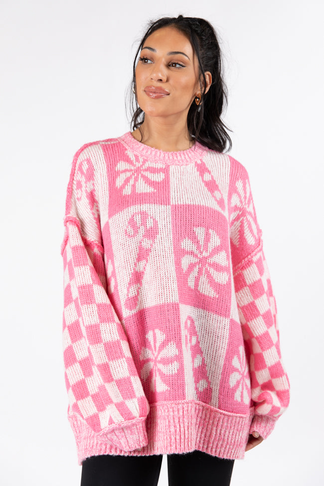 Candy Cane Lane Candy Pattern Sweater Pink DOORBUSTER